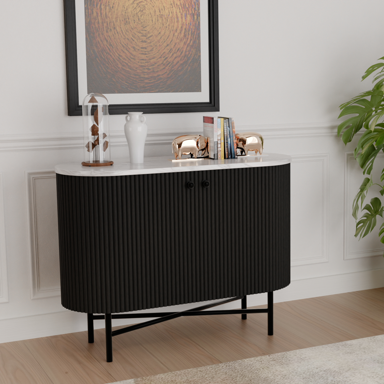 Athena Sideboard (Mango Wood - Black Finish, Marble Top, Metal Legs)