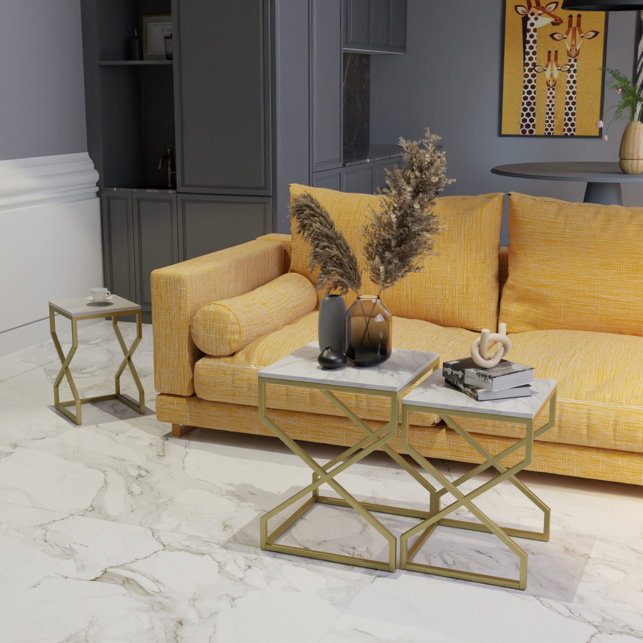Helix Nesting End Tables (Ceramic tile Top/Metal Gold Finish Legs)