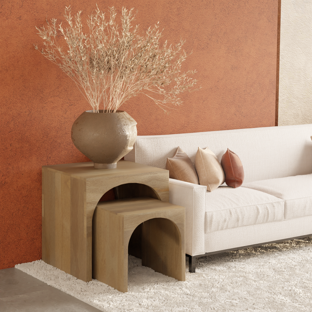 Arch Duo Mango Wood Nesting Tables - Rustic Natural Finish