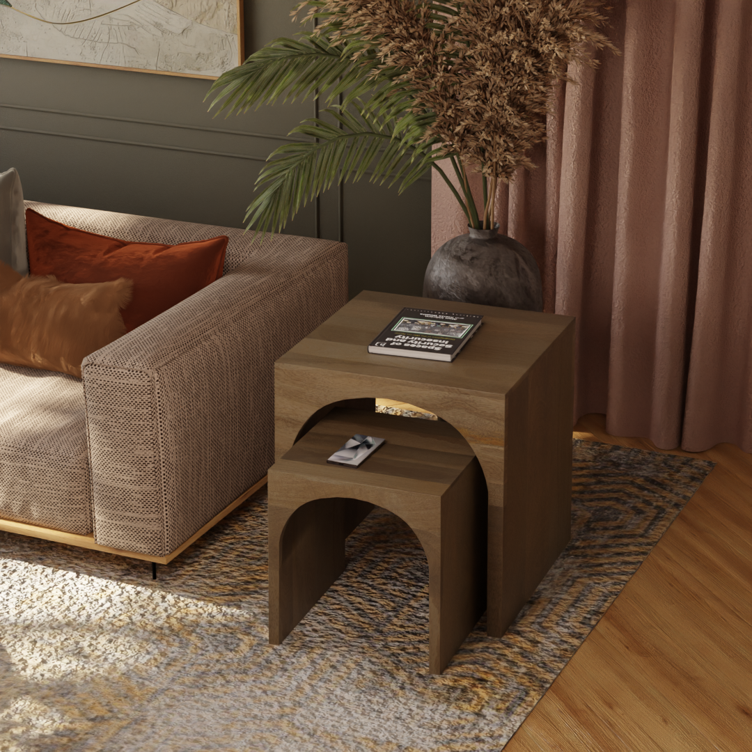 Arch Duo Mango Wood Nesting Tables - Rustic Natural Finish