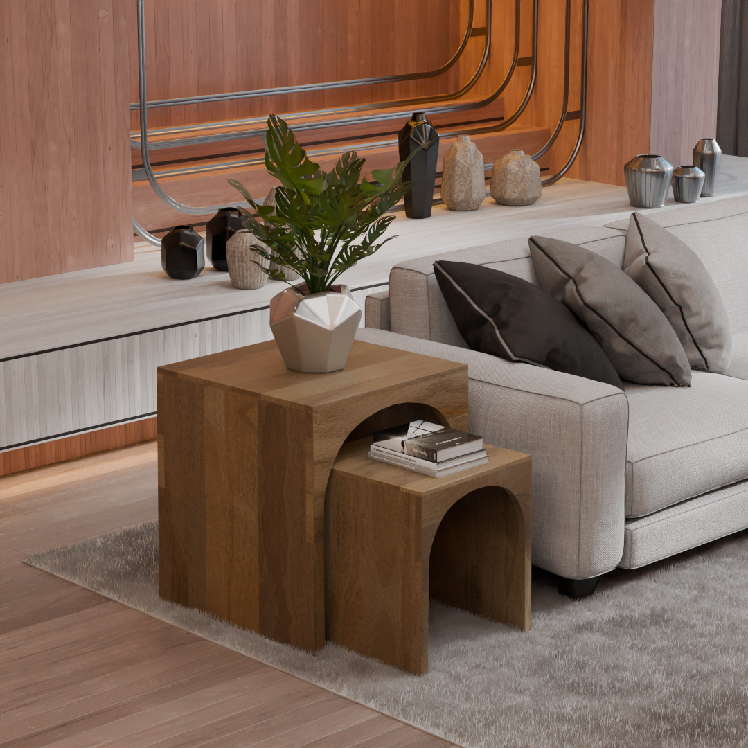Arch Duo Mango Wood Nesting Tables - Rustic Natural Finish